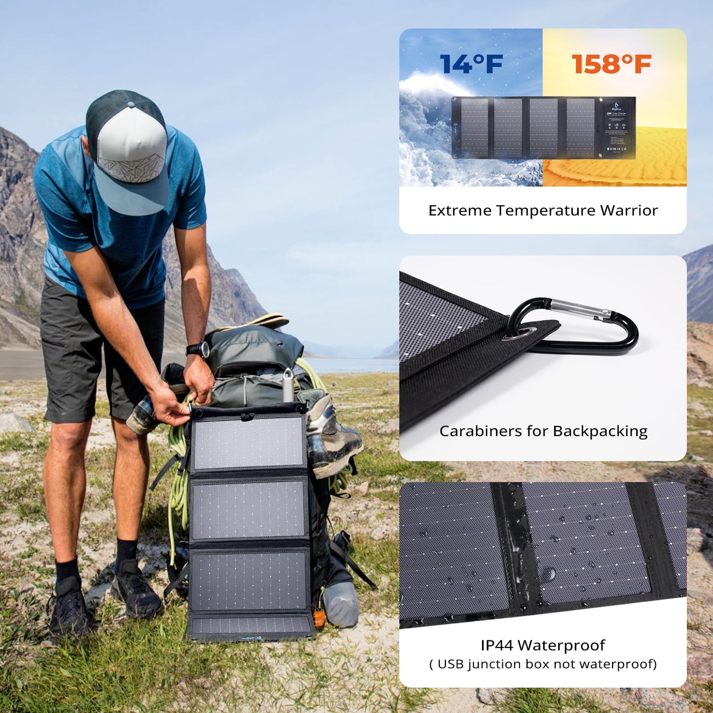 [Upgraded] BigBlue 3 USB Ports 28W Solar Charger(5V/4.8A Max), Portable Foldable Solar Panel for Camping, IP44 Waterproof, Compatible with iPhone 11/XS/XS Max/XR/X/8/7, iPad, Samsung Galaxy LG etc.