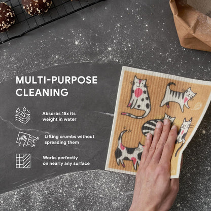 RECYCO Swedish Dishcloths for Kitchen | 6 Pack Cuddly Cats Washable Dish Rags | Cellulose Reusable Cleaning Paper Towels | Absorbent Counter Dish Cloth Sponge Kitchen Wipes, 8" L x 7" W