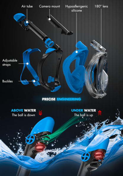 COZIA DESIGN Snorkeling Gear for Adults - Full Face Snorkel Mask and Swim Fins, 180° Panoramic View Snorkel Mask, Anti Fog and Anti Leak Adult Snorkel Set (Blue, Mask M - Fins M)