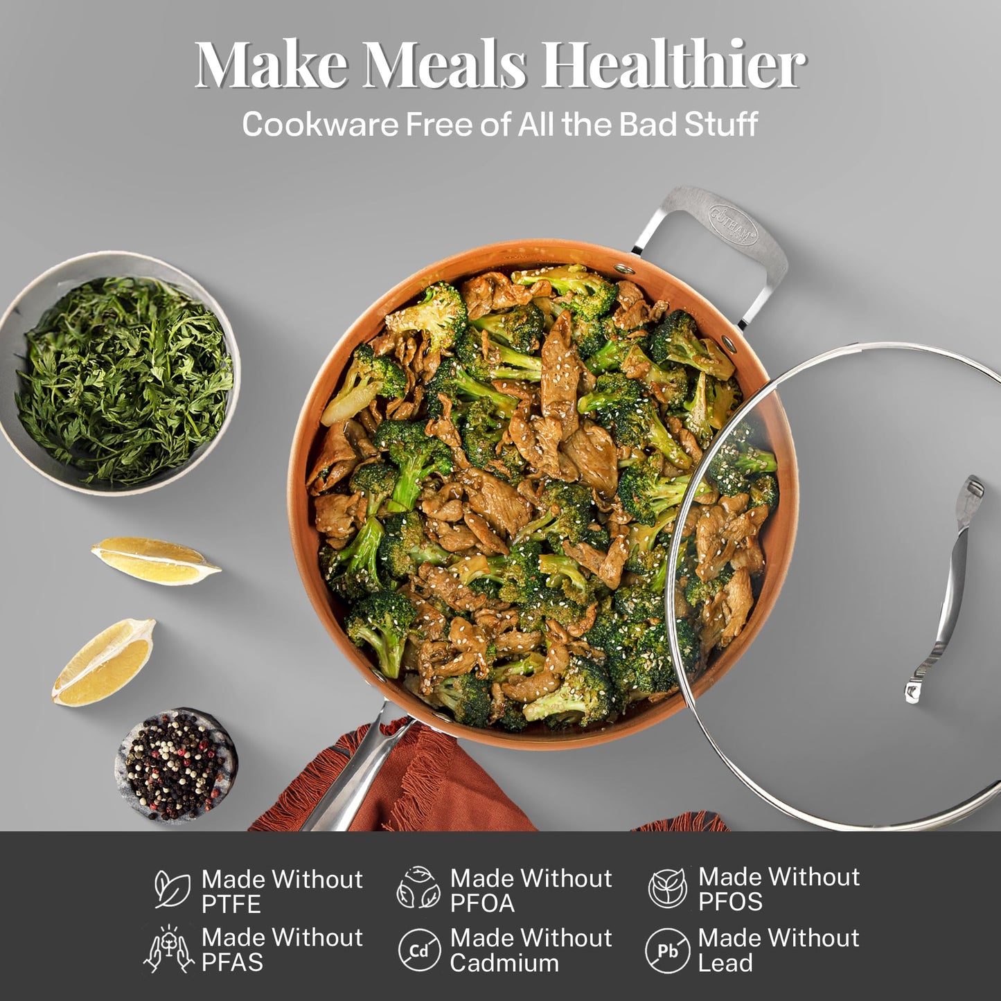 Gotham Steel 12 Pc Ceramic Cookware Set Nonstick, Ceramic Pots and Pans Set Non Stick with Steamer for Cooking, Non Toxic PFOA PFOS Free, Ergonomic Stay Cool Handles, Oven & Dishwasher Safe, Copper