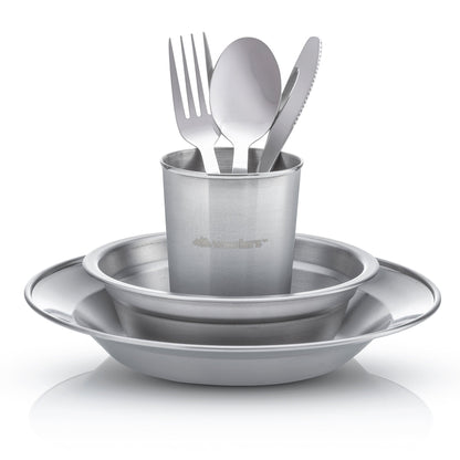 Wealers Unique Complete Messware Kit Polished Stainless Steel Dishes Set| Tableware| Dinnerware| Camping| Buffet| Includes - Cups | Plates| Bowls| Cutlery| Comes in Mesh Bags (Single Person Blue)