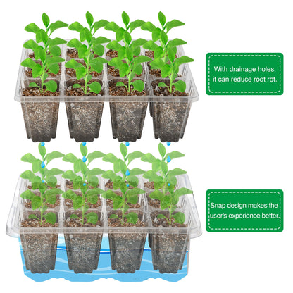 Bonviee 5 Packs Seed Starter Tray with Grow Light, Elevated Seedling Starter Trays Kits with Adjustable Humidity Domes and Clear Cell Tray, 12 Full Spectrum led lamp Beads for Plants Indoor-Clear