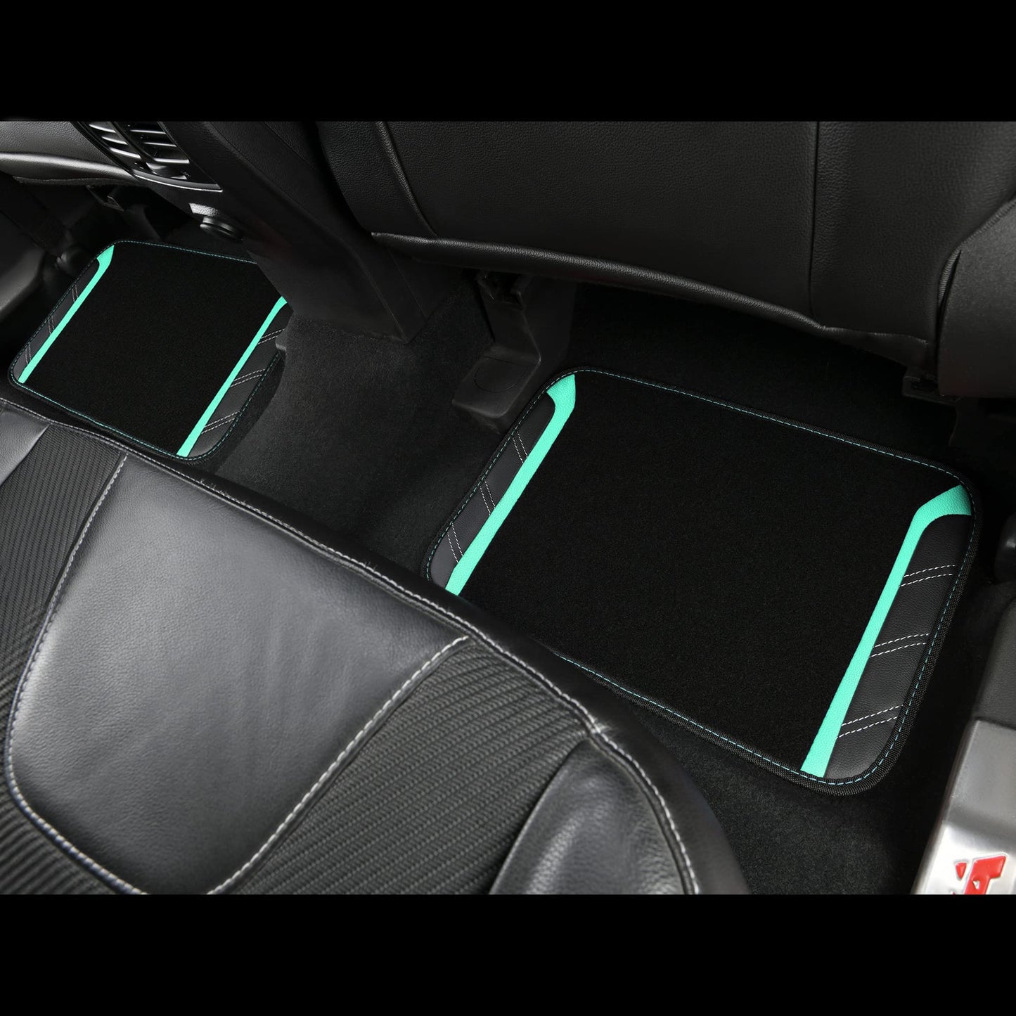 CAR PASS Leather Steering Wheel Cover and Waterproof Car Floor Mats,Microfiber Universal Car Combo Fit for 95% Sedan,SUV,Cars,14.5-15inch Sporty Anti-Slip Safety Comfortable Design(Black&Mint)