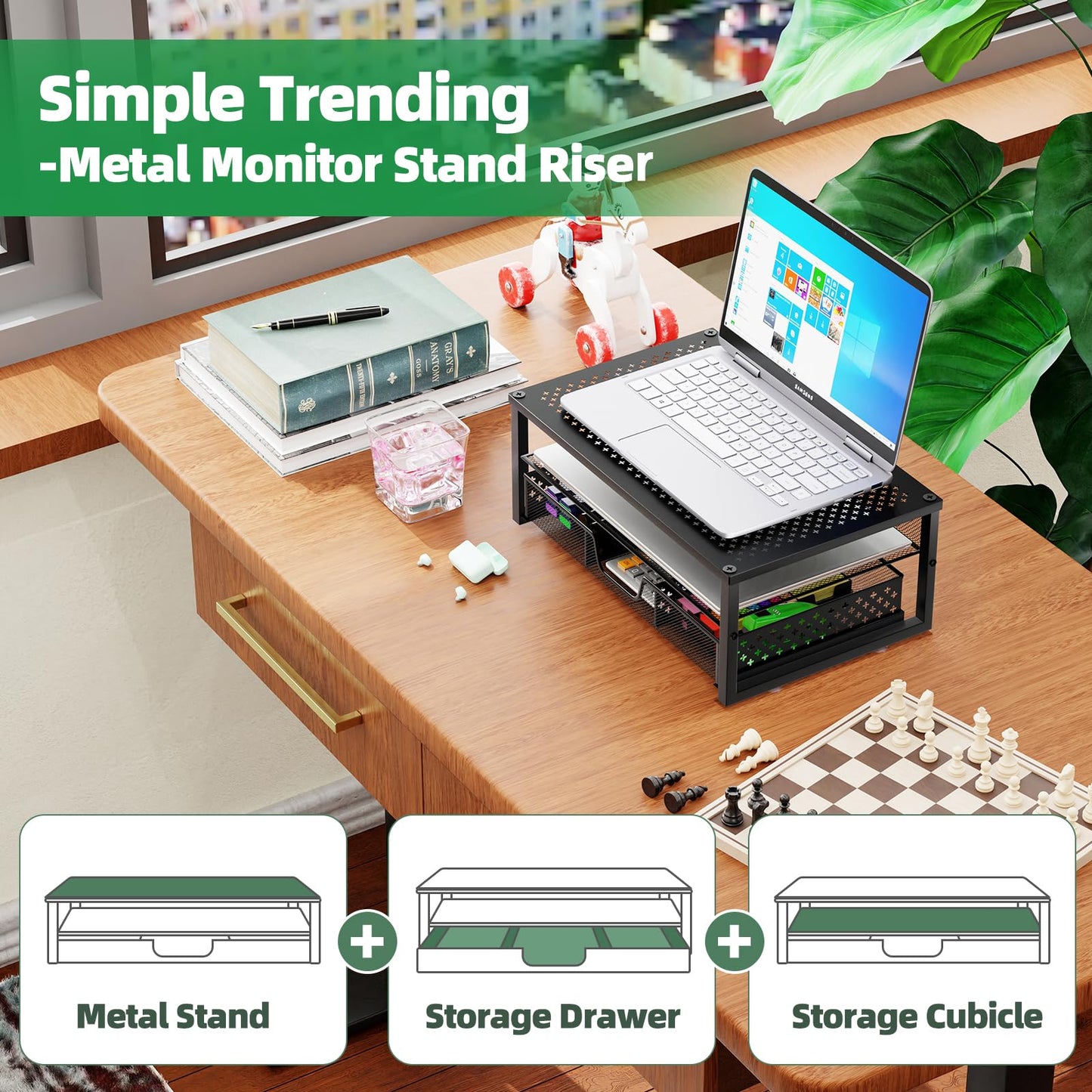 Simple Trending Metal Monitor Stand Riser and Computer Desk Organizer with Drawer for Laptop, Computer, iMac, Black