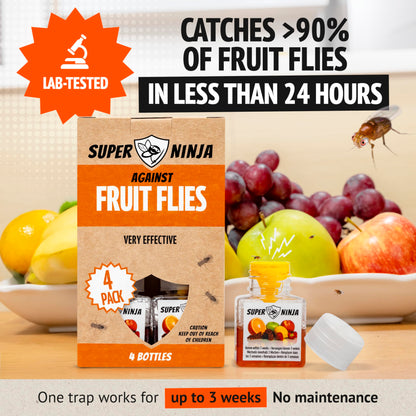Super Ninja Fruit Fly Traps for Indoors - 4 Pack, Highly Effective Fruit Fly Catcher for Indoor Use for Home & Kitchen, Up to 3 Weeks of Performance per Bottle, Kid & Pet Friendly
