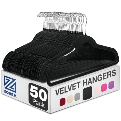 Zober Velvet Hangers 50 Pack - Black for Coats, Pants & Dress Clothes - Non Slip w/ 360 Degree Swivel, Holds up to 10 lbs - Strong Felt Hangers for Clothing