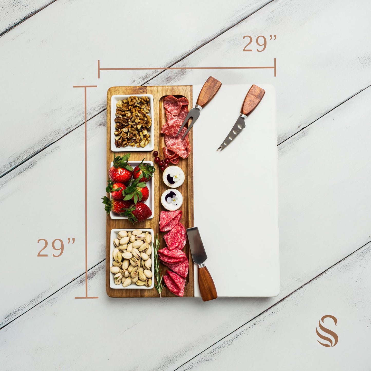 Shanik Wood - Marble Cheese Board Set with 3 Ceramic Bowls - Stainless Steel Cutlery Set, Charcuterie Board Set & Gift for Any Occasion (Without Engraving)