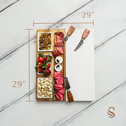 Shanik Wood - Marble Cheese Board Set with 3 Ceramic Bowls - Stainless Steel Cutlery Set, Charcuterie Board Set & Gift for Any Occasion (Without Engraving)