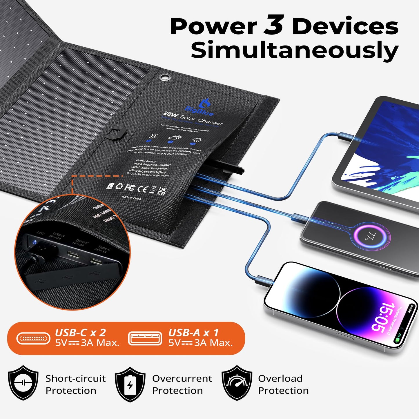 [Upgraded] BigBlue 3 USB Ports 28W Solar Charger(5V/4.8A Max), Portable Foldable Solar Panel for Camping, IP44 Waterproof, Compatible with iPhone 11/XS/XS Max/XR/X/8/7, iPad, Samsung Galaxy LG etc.