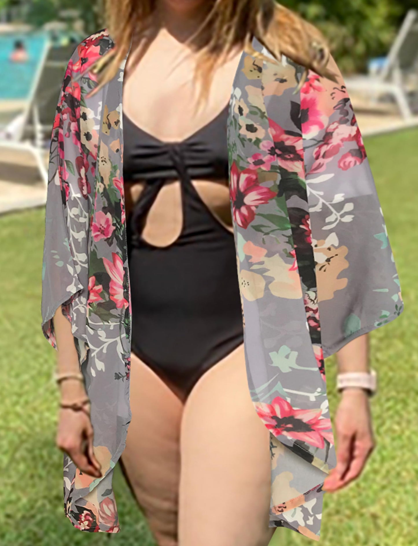 Women's Floral Print Puff Sleeve Kimono Cardigan Loose Cover Up Casual Blouse Tops(Dark Grey,L)