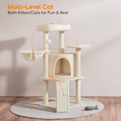 Yaheetech Cat Tree, 42in Play Tower for Indoor Cats, Kitten House with Large Perch & Scratching Posts & Cozy Condo & Scratching Ramp, Cat Furniture Activity Center, Beige