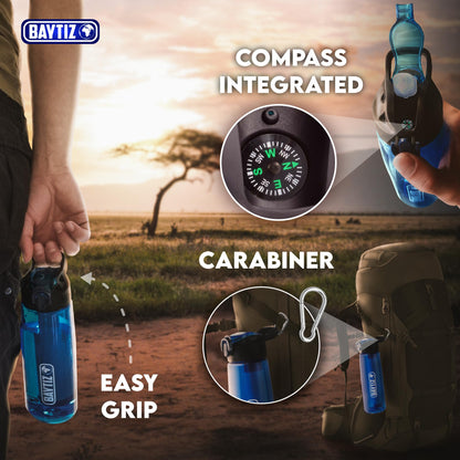 Water Filter Bottle + Purifier Straw - Cartridge with Charcoal Activated Reusable for