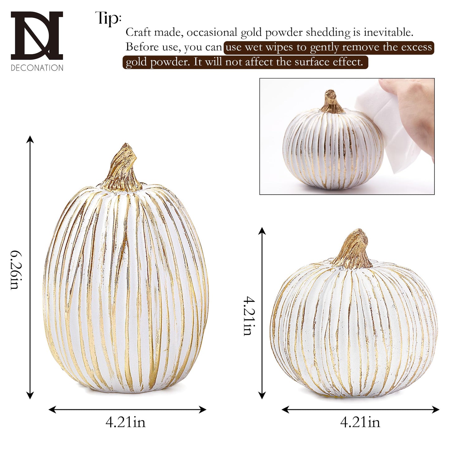 DN DECONATION White and Gold Fall Pumpkin Decorations Thanksgiving Table Centerpieces, 2 Pcs Artificial Luxury Resin Pumpkins Figurines for Decorating, Autumn Harvest Fall Home Decor Shelf Mantel