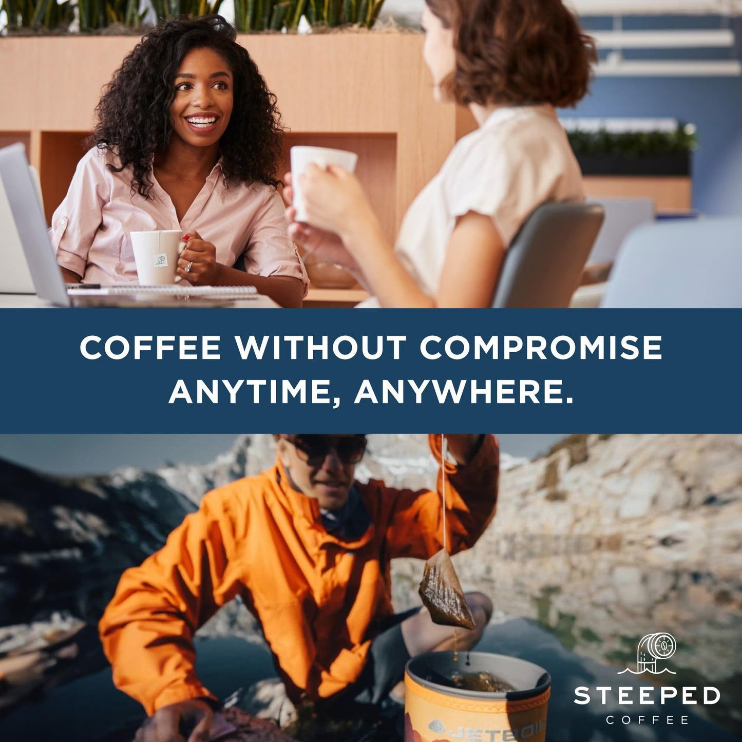 Steeped Coffee Single-Serve Packs - Just + Water - Direct Trade, Hand Roasted & Freshly Ground, Specialty Grade - Nitro Sealed (Eventide Decaf (Swiss Water Process), 8 Count (Pack of 1))