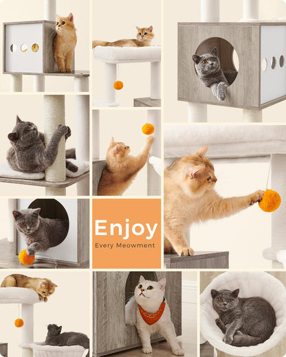 Feandrea Cat Tree with Litter Box Enclosure, 2-in-1 Modern Cat Tower, 70.8-Inch Tall Cat Condo with Scratching Posts, Perch, Caves, Basket, Washable Cushions, Heather Greige UPCT116G01