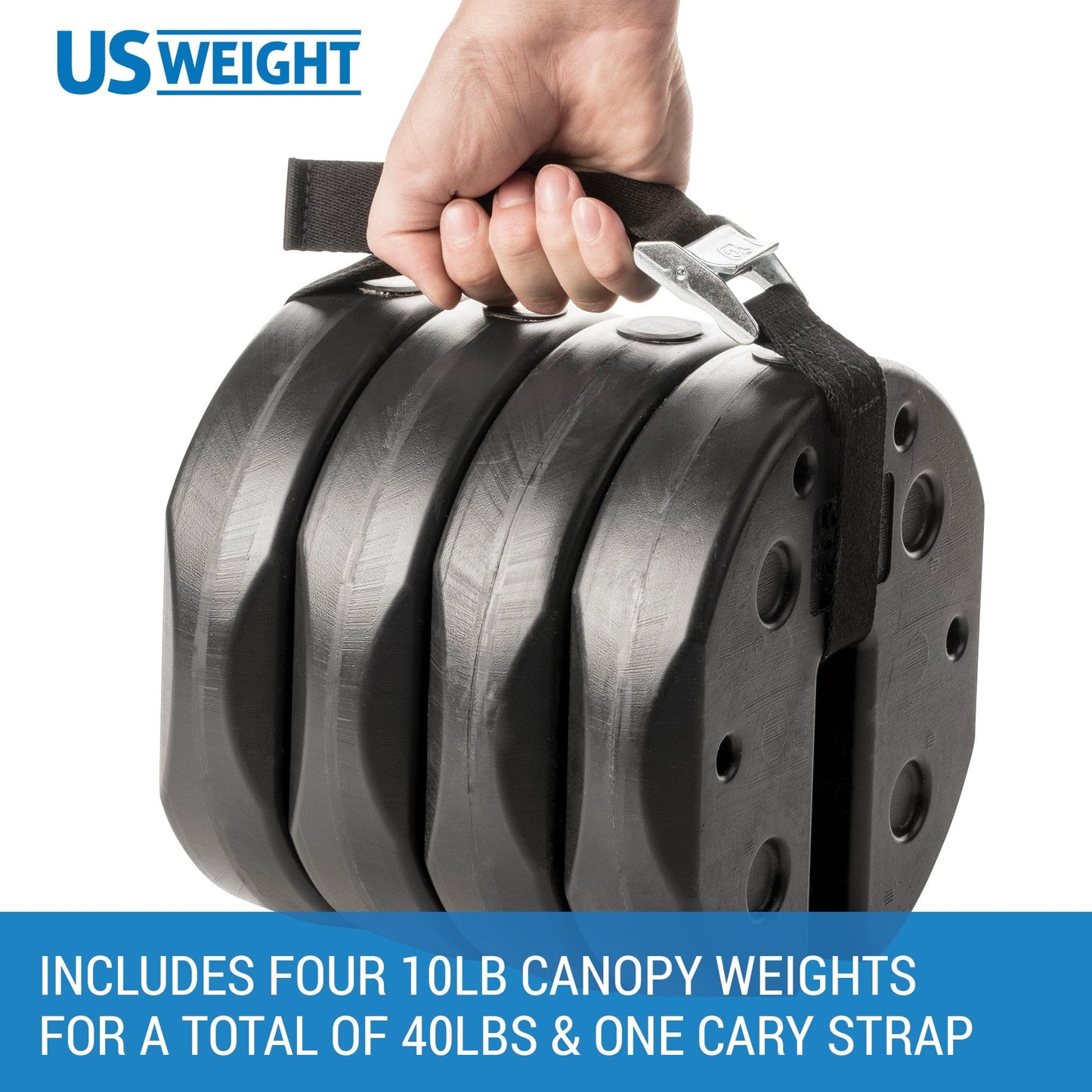 US Weight 40 Pound Canopy Weight Set of 4 and Carry Strap with No-Pinch Design - Easy Installation and Removal to Secure Tents, Canopies, and Umbrellas at Outdoor Events