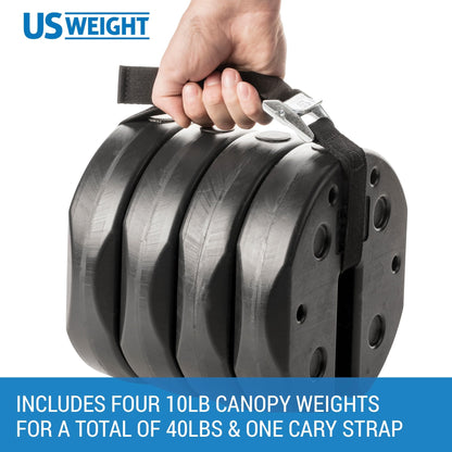 US Weight 40 Pound Canopy Weight Set of 4 and Carry Strap with No-Pinch Design - Easy Installation and Removal to Secure Tents, Canopies, and Umbrellas at Outdoor Events