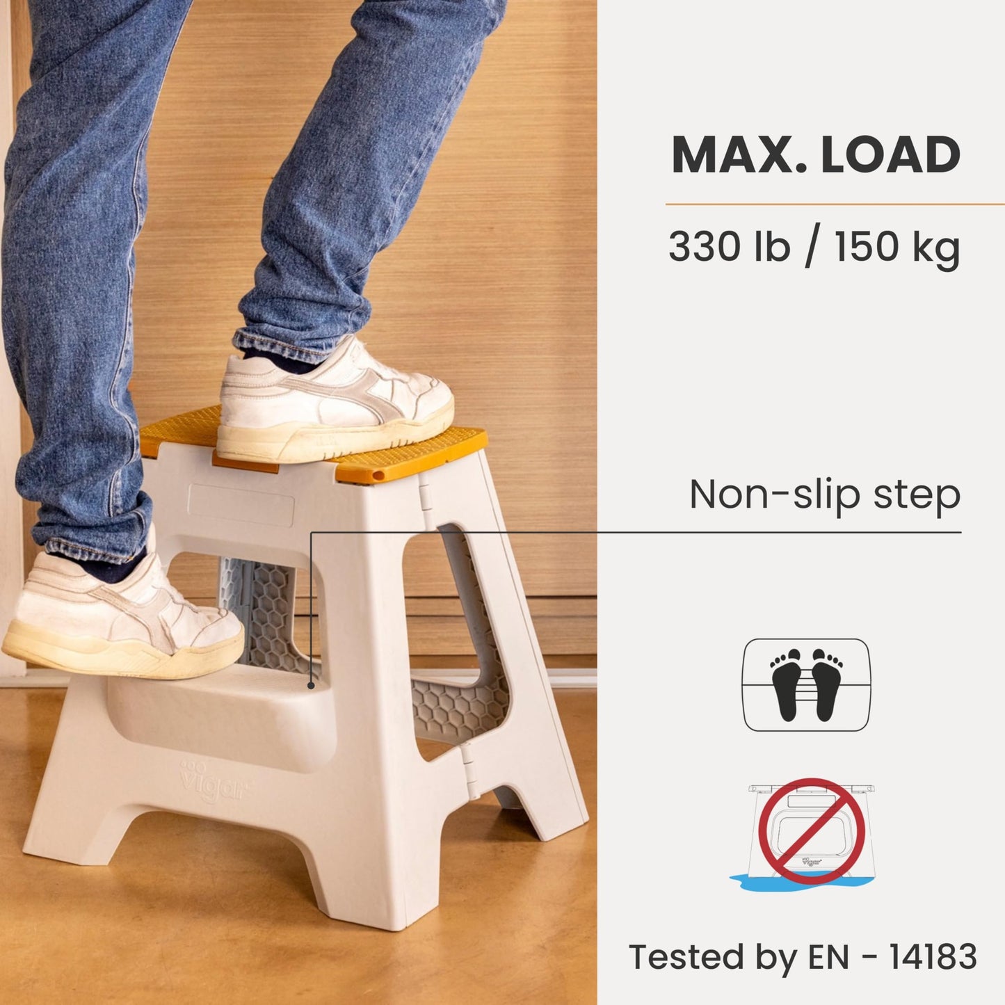 Vigar Compact Step Stool Foldable, 16-inch Two-Step Stools for Adults up to 330 Pound, Lightweight Stool, Non-Slip Folding Step Stool, Grey, Bamboo Print on Top