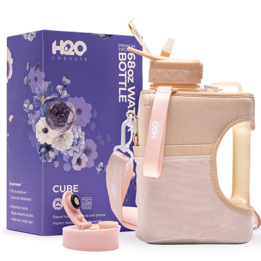 H2O Capsule Half Gallon Cube Square Water Bottle - 2.2L Water Bottle with Strap, Storage Sleeve, Covered Straw and Chug Lid – BPA Free Reusable Sports Water Jug with Handle, (68 Ounce), (Neutral)