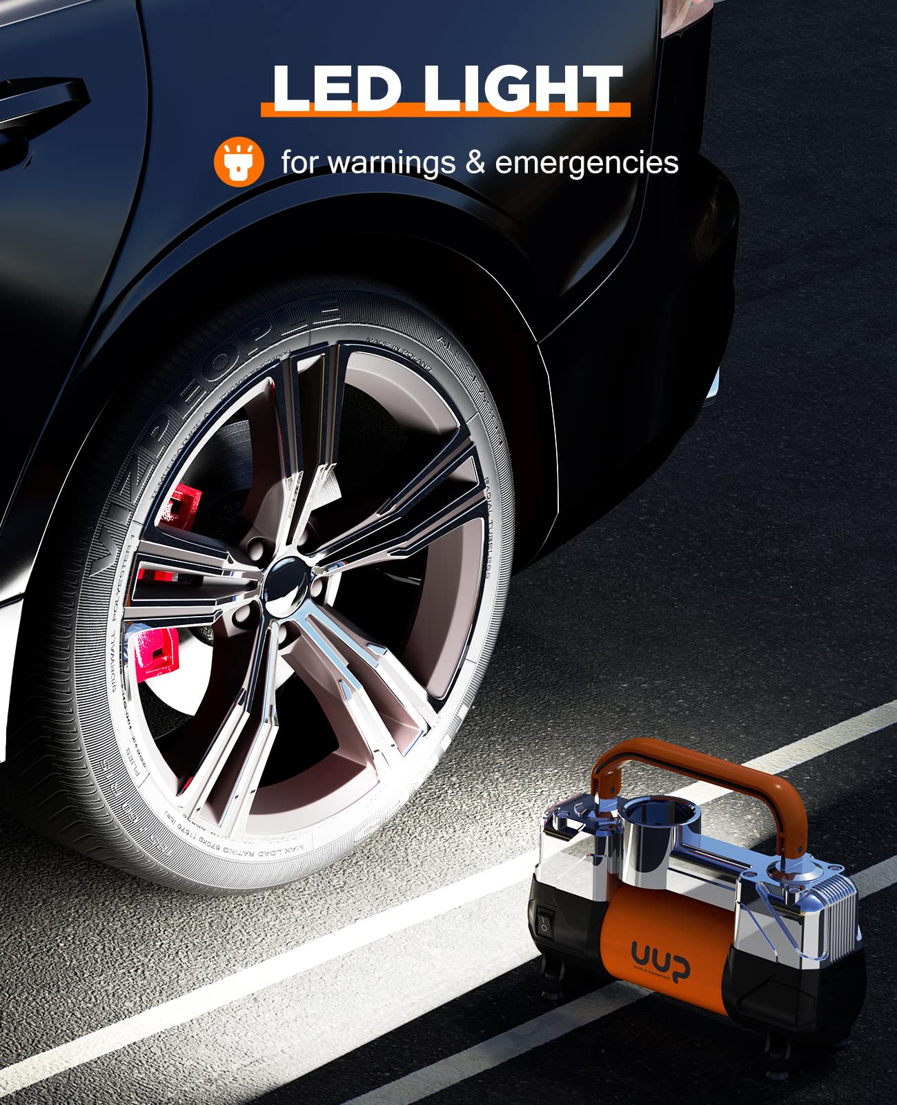 UUP Tire Inflator Air Compressor, 150PSI 12V DC Double Cylinders Heavy Duty Portable Air Pump w/Emergency LED Light for Truck, SUV, Car, RV