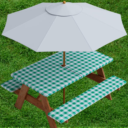 Sorfey Vinyl Umbrella Picnic Table and Bench Fitted Tablecloth Cover, Checkered Design, Flannel Backed Lining, 30x96 Inch, 3-Piece Set, Green