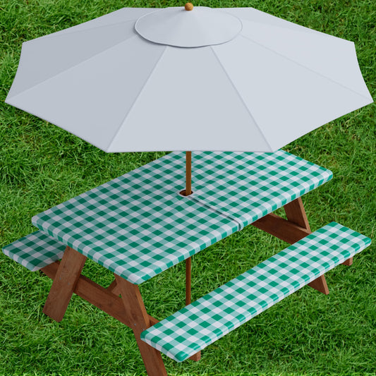 Sorfey Vinyl Umbrella Picnic Table and Bench Fitted Tablecloth Cover, Checkered Design, Flannel Backed Lining, 30x96 Inch, 3-Piece Set, Green