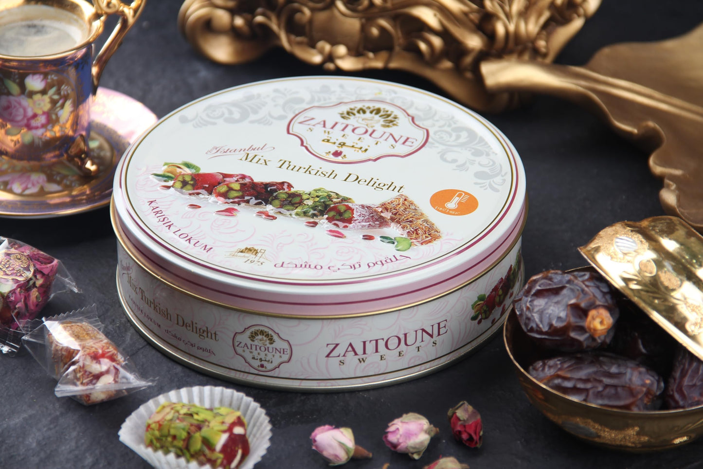Zaitoune Turkish Delight Mix - 9 oz | Luxury Coatings of Pomegranate, Pistachio, Coconut, Kataifi & Rose | Authentic Lokum Sweet Assortment in a Beautiful Gift Tin | Handmade & Individually Wrapped