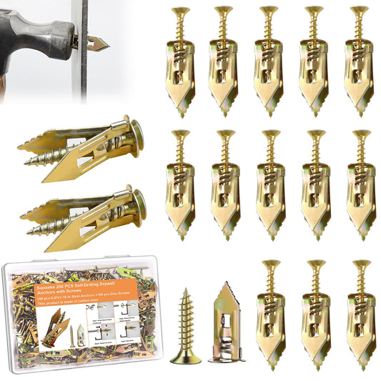 Sunxeke 200 Pcs Self Drilling Drywall Anchors with Screws,100 Sheetrock Anchors (0.47x1.18 Inch) & 100 Zinc Expansion Screws,2025 Upgraded Zinc Plated Steel,No Drill Needed,Perfect for Wall Hanging