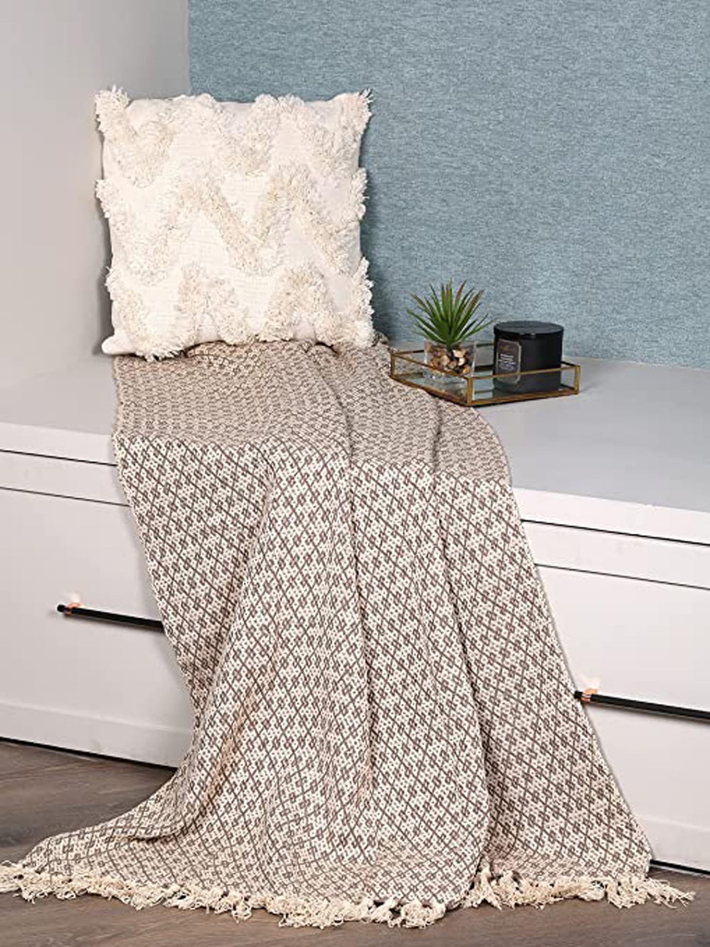 Sashaa Soft Throw Blanket for All-Season Comfort - Lightweight Cotton Weave Pattern with Boho Aesthetic & Tassels for Couch, Sofa, Bed, Chair & Outdoor Picnic | Neutral Beige, 70x50 inches (Pack of 1)