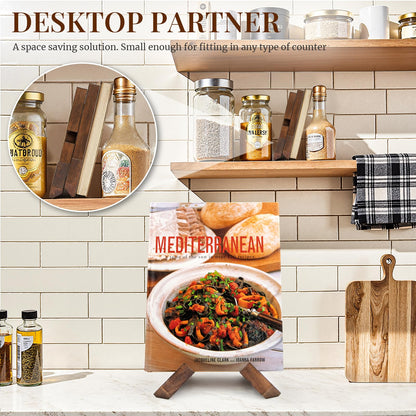 PUERSI Cookbook Stand for Kitchen, Recipe Book Holder for Kitchen Counter, Wooden Cookbook Holder, Rustic Cook Book Holder Stand - Rustic Brown