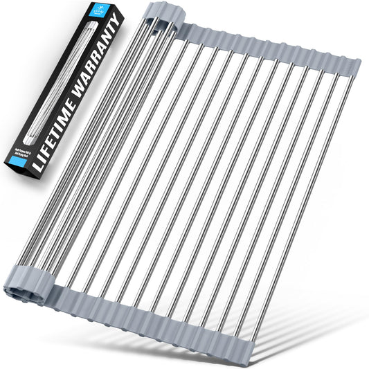 Zulay Kitchen 17.5” x 12” Roll Up Dish Drying Rack - Stainless Steel Over Sink Dish Drying Rack - Multipurpose Foldable Sink Rack for Kitchen Counter - Non-Slip, Heavy-Duty Drying Rack (Gray)
