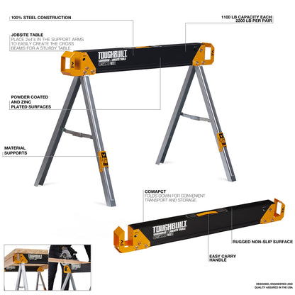 ToughBuilt - Sawhorse with 2x4 Support Arms 1100 LB Capacity - Heavy Duty Construction with Fast Open Legs and Easy Grip Handle - (TB-C500)