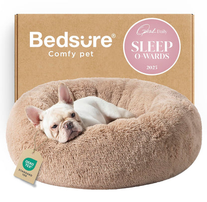 Bedsure Calming Dog Bed Medium Size Dog - Donut Washable Medium Pet Bed, 30 inches Anti-Slip Round Fluffy Plush Faux Fur Cat Bed, Fits up to 45 lbs Pets, Camel