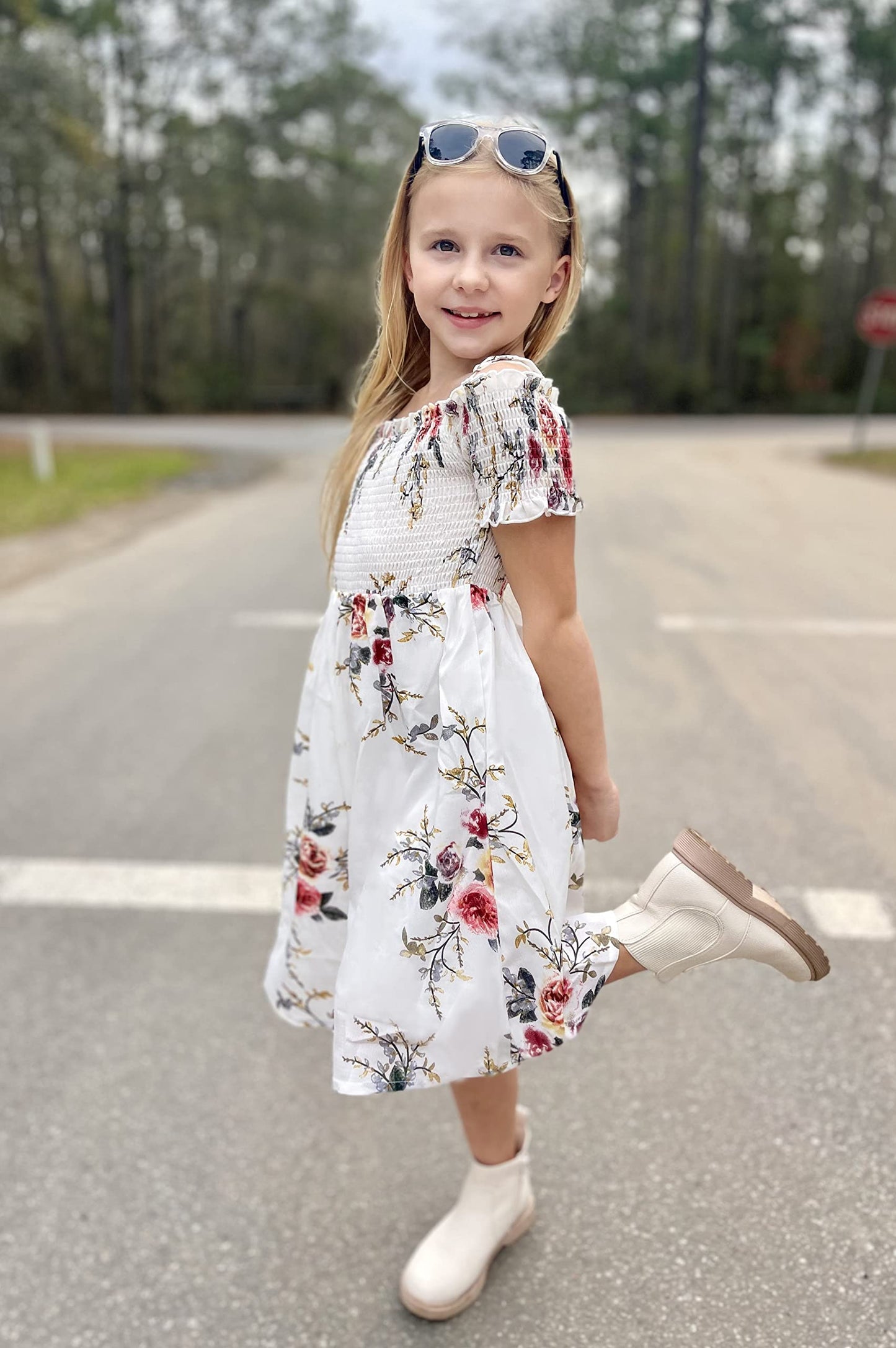Arshiner Girl Short Sleeve Floral Print Cute Casual Fit and Party Dress White for 12-13 Years