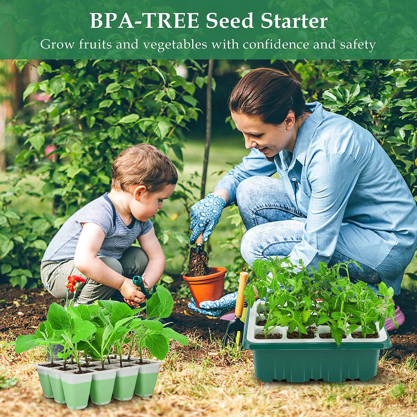 Seed Starter Tray, 48 Cells Indoor Seed Starter Kit, Flexible Silicone Designed Seedling Starter Trays, Germination Tray with Humidity Dome & Lids(4in Height), Reusable & Dishwasher Safe, BPA-Free