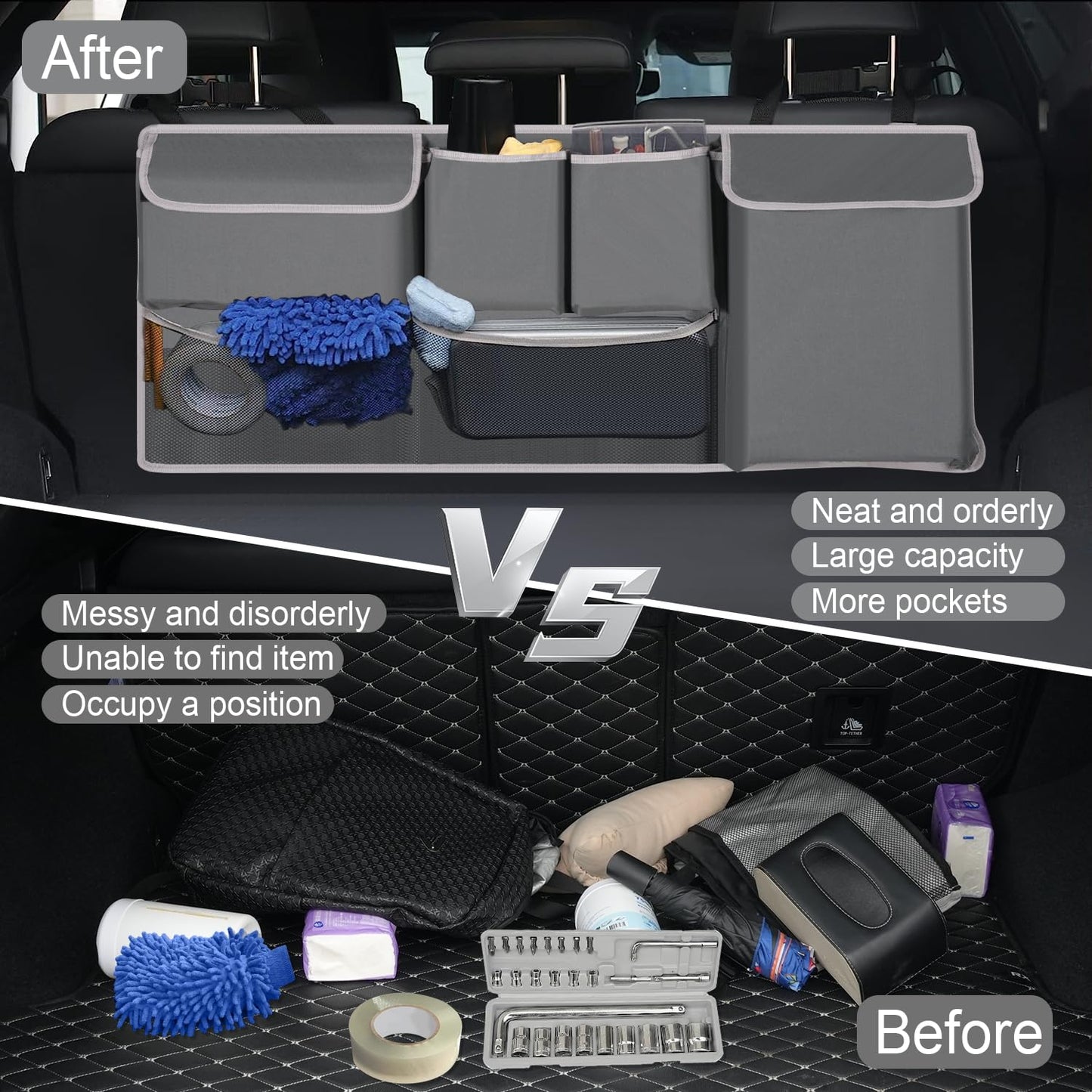 UYYE Trunk Hanging Organizer, Backseat Storage Bag, Collapsible Car Interior Accessories with 4 Pockets & 2 Mesh Pouches for Tools, Provide More Storage Trunk Space for SUV, Jeep, MPVs (Grey)