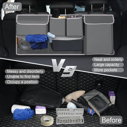 UYYE Trunk Hanging Organizer, Backseat Storage Bag, Collapsible Car Interior Accessories with 4 Pockets & 2 Mesh Pouches for Tools, Provide More Storage Trunk Space for SUV, Jeep, MPVs (Grey)