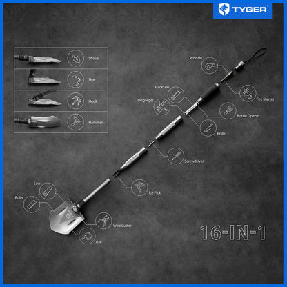 Tyger Auto Folding Shovel TG-SV8U3217 Military Heavy Duty Survival Shovel 16-in-1 Multitool Compact Camp Shovel with Bag for Camping, Hiking, Off-Roading, Outdoor, Tactical, Emergency