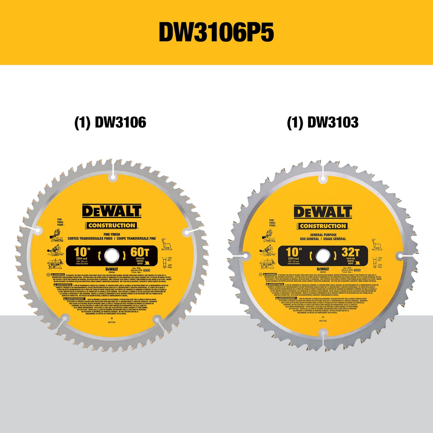 DEWALT 10-Inch Miter Saw Blades/Table Saw Blades, 2-Blade Combo, 60-Tooth & 32-Tooth Pack (DW3106P5)