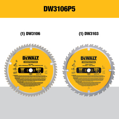 DEWALT 10-Inch Miter Saw Blades/Table Saw Blades, 2-Blade Combo, 60-Tooth & 32-Tooth Pack (DW3106P5)