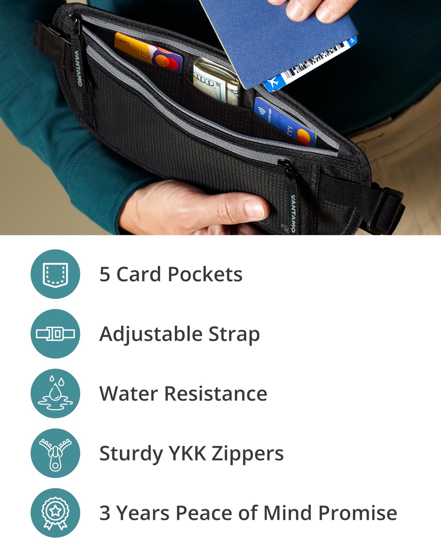 Vantamo Hidden Money Belt For Extra Safety, RFID Protected Ultra-Thin Fanny Pack, 2 Compartment Money Bag Fits Passport & Phone to Protect Valuables, Black Fanny Pack for Traveling & Hiking