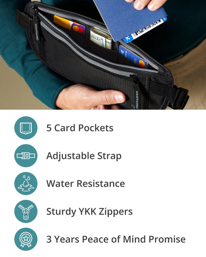 Vantamo Hidden Money Belt For Extra Safety, RFID Protected Ultra-Thin Fanny Pack, 2 Compartment Money Bag Fits Passport & Phone to Protect Valuables, Black Fanny Pack for Traveling & Hiking