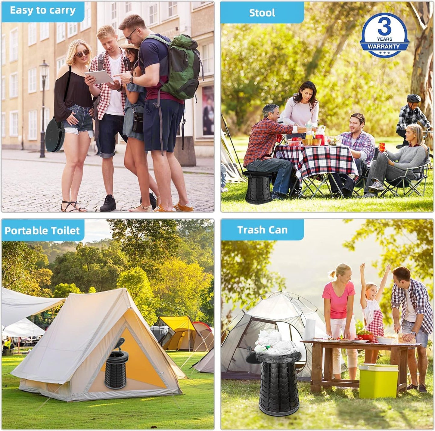 XXL 19.7"H Adjustable Foldable Portable Camping Toilet, Luggable Loo with Lid, Strap,Toilet Bag for Camping, Hiking, Travel and Car