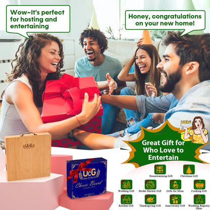 UTCG Bamboo Charcuterie Board Set - Large Folding Cheese Board with Knife Set - Unique White Elephant Gift, House Warming Gift, Wedding Gifts - 22.8 x 11.4 Inches