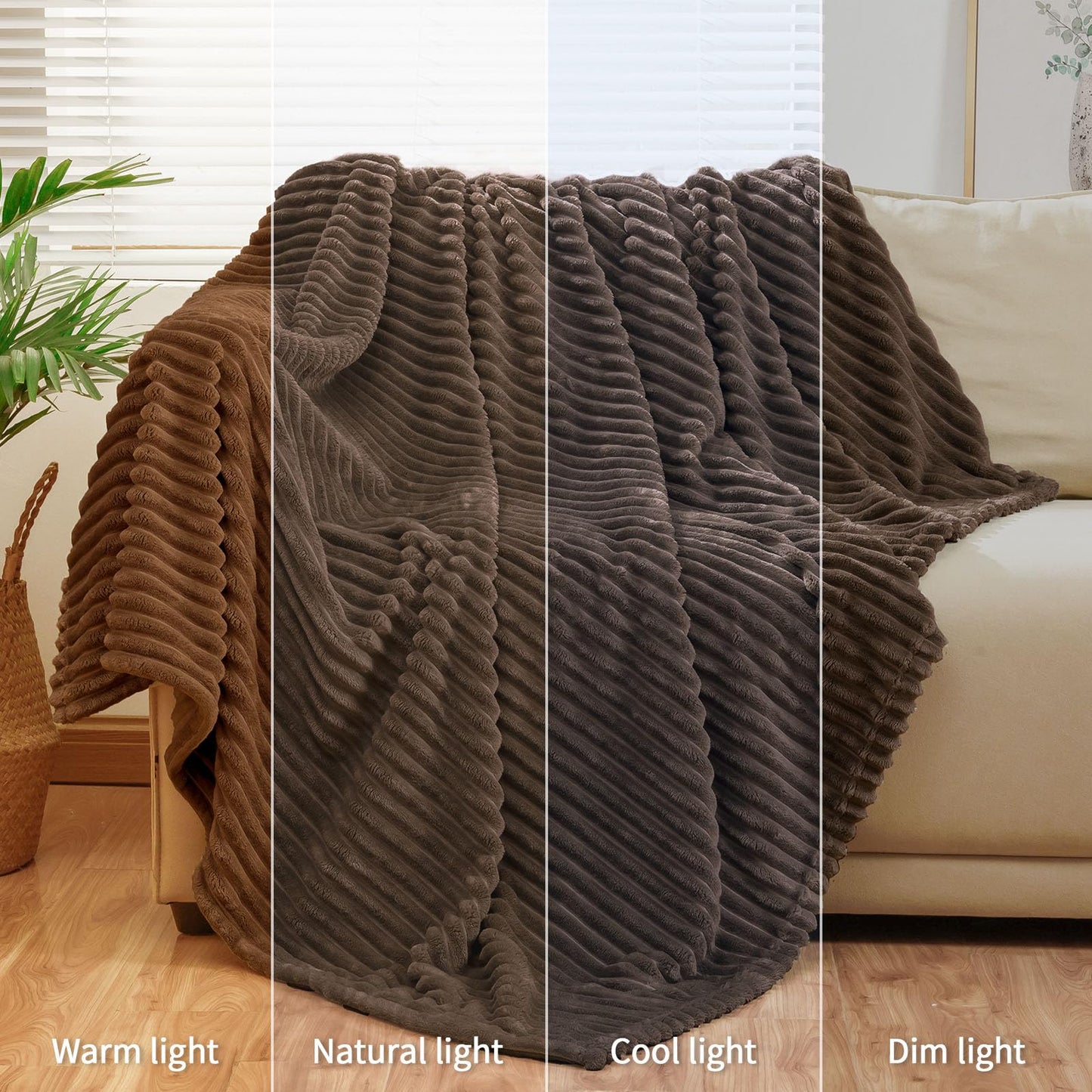 Bnuitland Brown Flannel Throw (50X70 inches) with Storage Pouch,300GSM Super Soft Fleece Stripe Pattern Sofa Blanket for Adults and Kids, Lightweight Cozy Bed Throw for Home Decor All Season