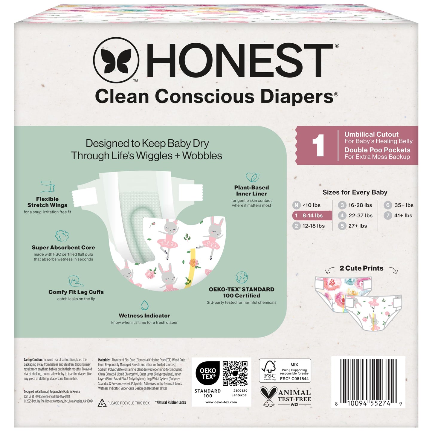 The Honest Company Clean Conscious Diapers for Delicate Skin | Up to 100% Leakproof | Hypoallergenic, Fragrance Free | Girl Prints | Club Box, Size 1 (8-14 lbs), 78 Count (Prints May Vary)