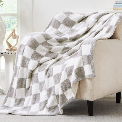 WRENSONGE Checkered Throw Blanket, Light Grey Soft Cozy Fluffy Warm Hand Made Throw Blankets for Couch, Sofa, Chair, Bed, Camping, Picnic, Travel Lightweight Bed Blanket - 50"*70"