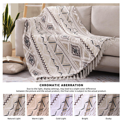CASAAGUSTO Boho Throw Blanket - Beige and Gray Decorative Blankets with Tassel, Printed Flannel Bohemian Blanket for Chair, Bed, Sofa, Couch(50 * 60, Beige and Gray)