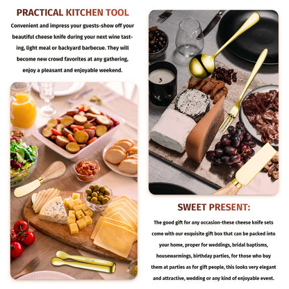 Charcuterie Board Accessories Spreader Knife Set Cheese Butter Spreader Knife Charcuterie Utensils with Wooden Handles Mini Serving Tongs Spoons Forks for party Wedding Christmas (Gold, 20 Pieces)