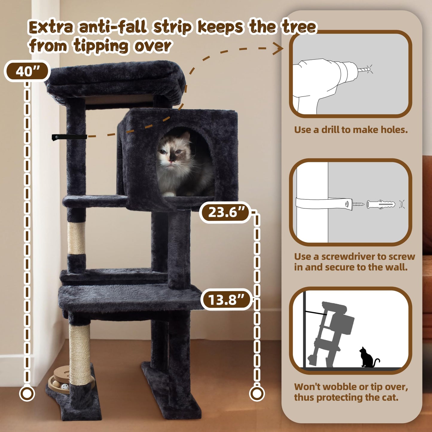 Fantasreen 40" Gray Cat Tree Tower for Indoor Cats, Scratching Post with Hammock, Cat Condo for Kittens and Adult Cats